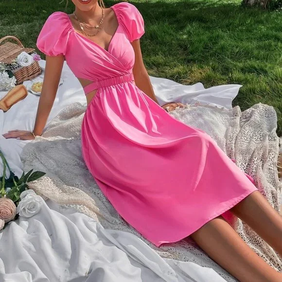 Pink Puff Sleeve Cut Out Waist Dress - Picture 5 of 6
